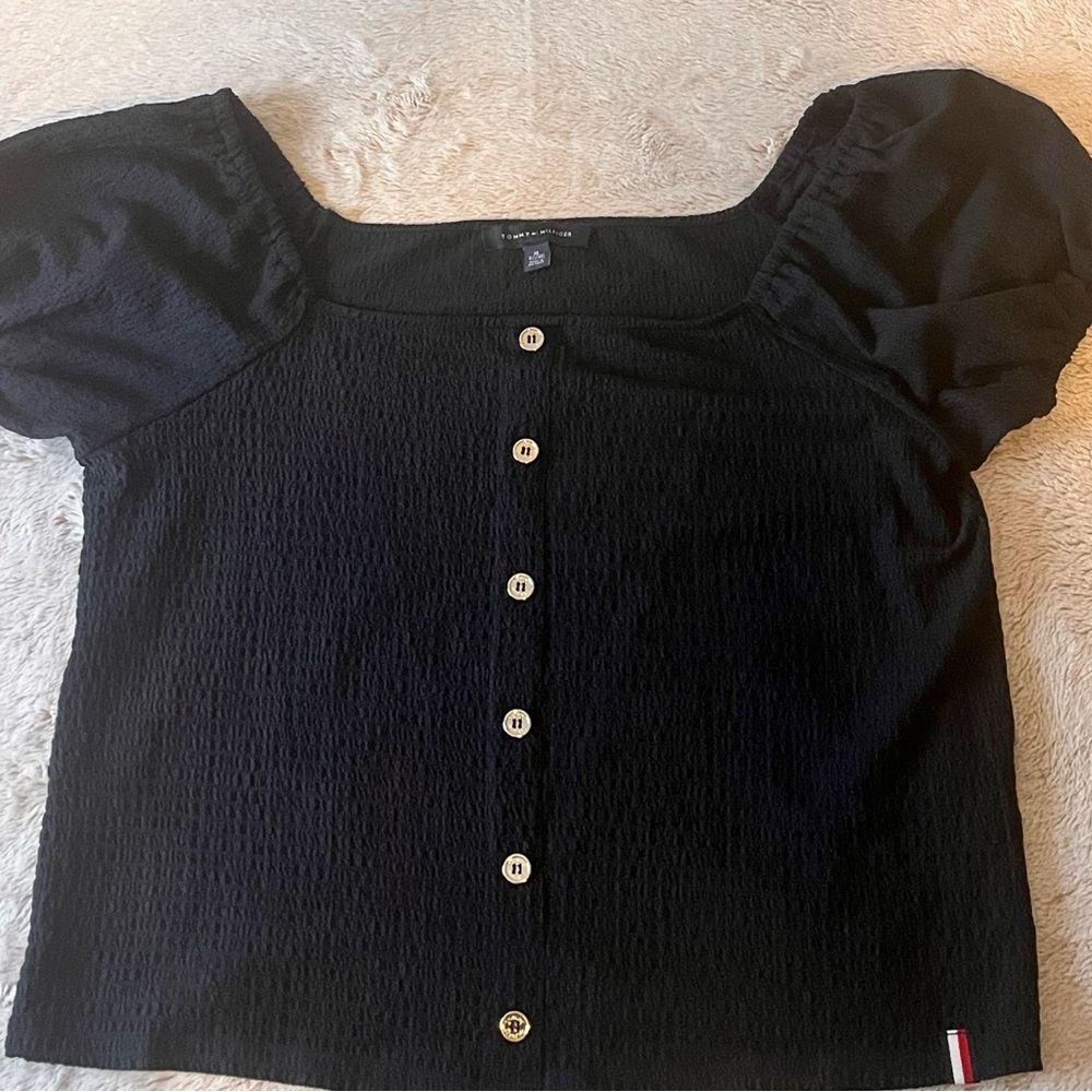 Tommy Hilfiger Navy Puff Sleeve Button-Up Top